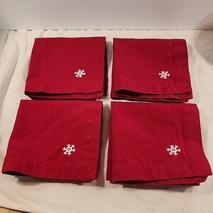 POTTERY BARN KIDS Set of 4 Red Napkins 12"x12" Embroidered White Snowflake Linen